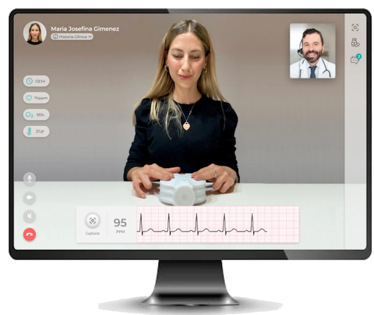 Un médico realizando una videoconsulta desde una computadora de escritorio